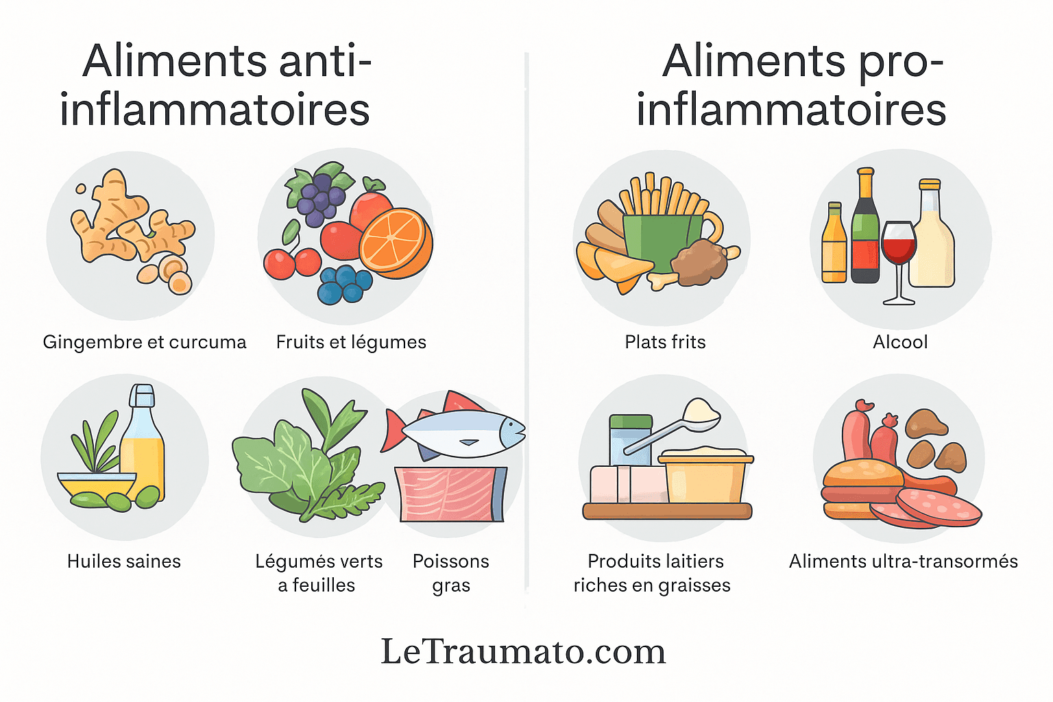 Infographie en français divisée en deux colonnes : à gauche les aliments anti-inflammatoires (gingembre, curcuma, fruits, légumes, noix, huiles saines, légumes verts et poissons gras) et à droite les aliments pro-inflammatoires (plats frits, alcool, glucides raffinés, produits laitiers gras et aliments ultra-transformés). Image éducative signée LeTraumato.com.