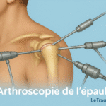 Illustration médicale réaliste en 3D montrant une arthroscopie de l’épaule. Vue latérale de l’articulation gléno-humérale avec insertion de plusieurs instruments chirurgicaux arthroscopiques à travers de petites incisions cutanées. L’image met en évidence la technique mini-invasive permettant de visualiser et traiter les lésions de la coiffe des rotateurs et de la cavité glénoïde.