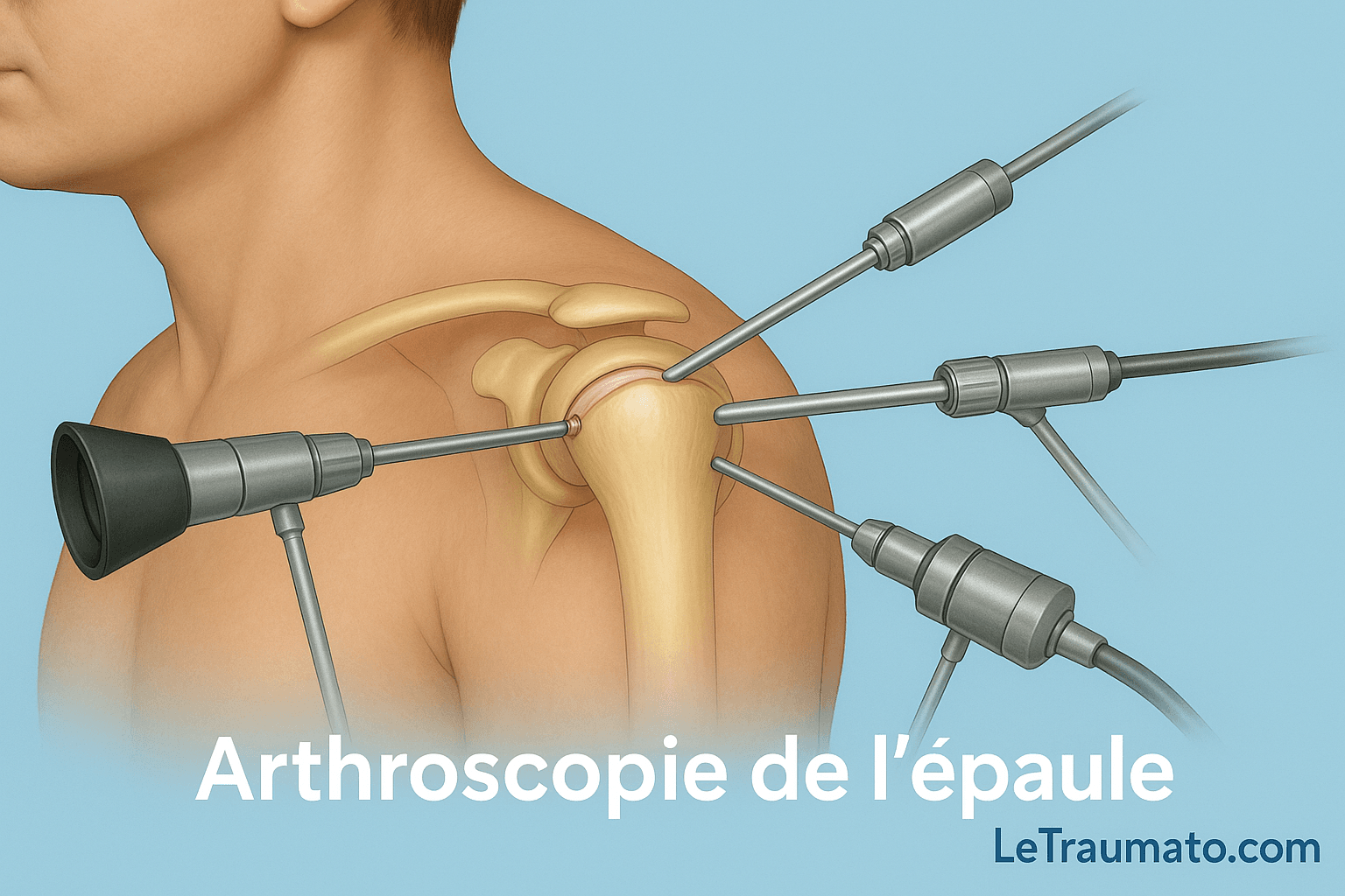 Illustration médicale réaliste en 3D montrant une arthroscopie de l’épaule. Vue latérale de l’articulation gléno-humérale avec insertion de plusieurs instruments chirurgicaux arthroscopiques à travers de petites incisions cutanées. L’image met en évidence la technique mini-invasive permettant de visualiser et traiter les lésions de la coiffe des rotateurs et de la cavité glénoïde.