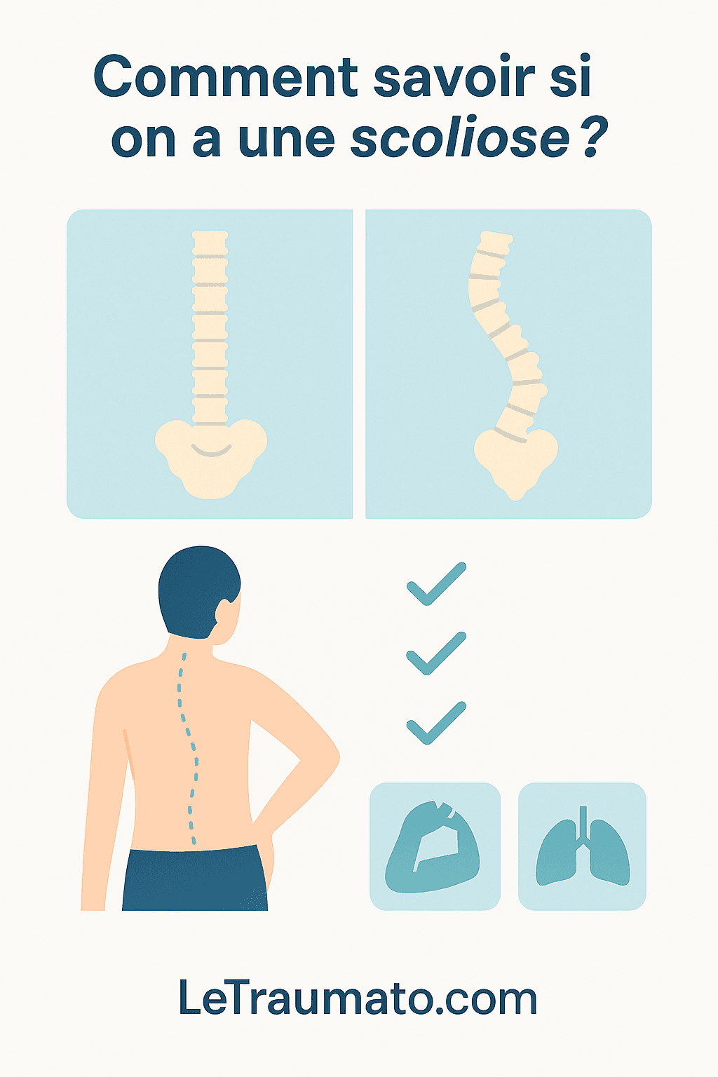 Infographie médicale montrant la différence entre une colonne vertébrale normale et une colonne atteinte de scoliose, avec représentation d’un dos vu de derrière présentant une courbure. Image destinée à sensibiliser aux signes visuels et à la détection de la scoliose. Source : LeTraumato.com.