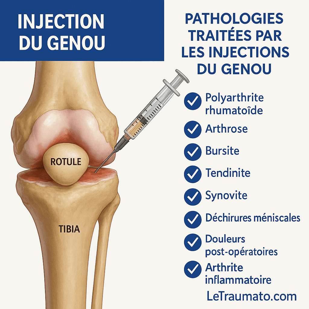 Illustration médicale réaliste en français montrant une injection intra-articulaire du genou. Le schéma anatomique met en évidence la rotule (patella), le tibia et la seringue injectant le produit dans l’articulation. À droite, la liste des pathologies traitées : polyarthrite rhumatoïde, arthrose, bursite, tendinite, synovite, déchirures méniscales, douleurs post-opératoires et arthrite inflammatoire.