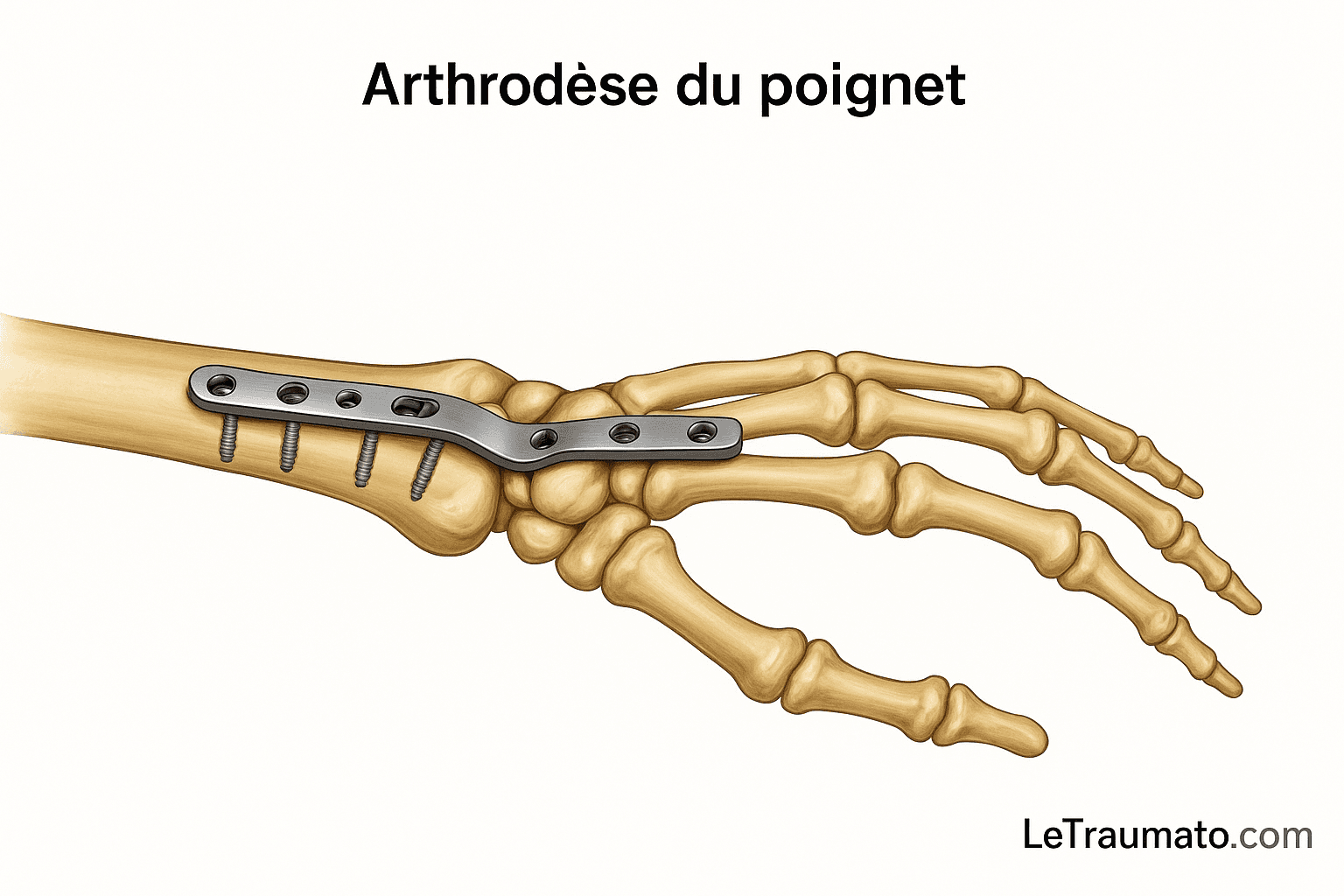 Illustration médicale montrant une arthrodèse du poignet avec plaque dorsale et vis, fixant les os du carpe et du radius pour stabiliser l’articulation du poignet.
