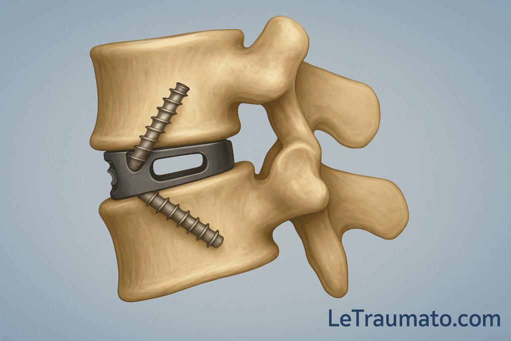 Illustration médicale réaliste en 3D montrant une arthrodèse lombaire antérieure, avec deux vertèbres lombaires fixées par une cage intersomatique métallique et des vis obliques insérées depuis l’avant, sur fond bleu clair.