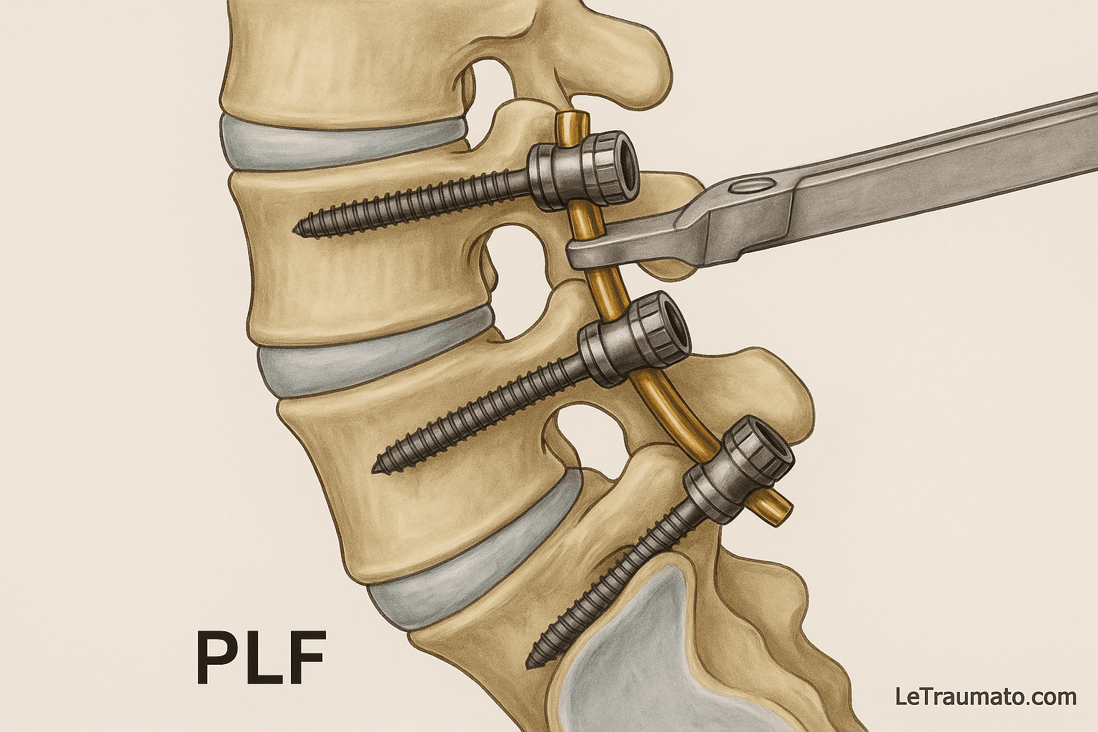 Illustration anatomique réaliste d’une arthrodèse lombaire postérieure, représentant trois vis pédiculaires fixées dans les vertèbres lombaires reliées par deux tiges métalliques. L’image montre la stabilisation chirurgicale du rachis après une pathologie dégénérative lombaire. Utilisée à des fins pédagogiques sur LeTraumato.com.