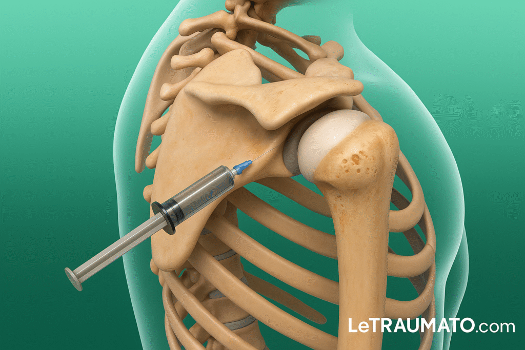 Illustration médicale en 3D montrant une infiltration intra-articulaire de l’épaule. Le schéma met en évidence les structures osseuses de l’humérus, de l’omoplate et de la clavicule, ainsi qu’une seringue injectant un médicament dans l’espace gléno-huméral. Image éducative et claire signée LeTraumato.com, conçue pour illustrer les articles de traumatologie et d’orthopédie.