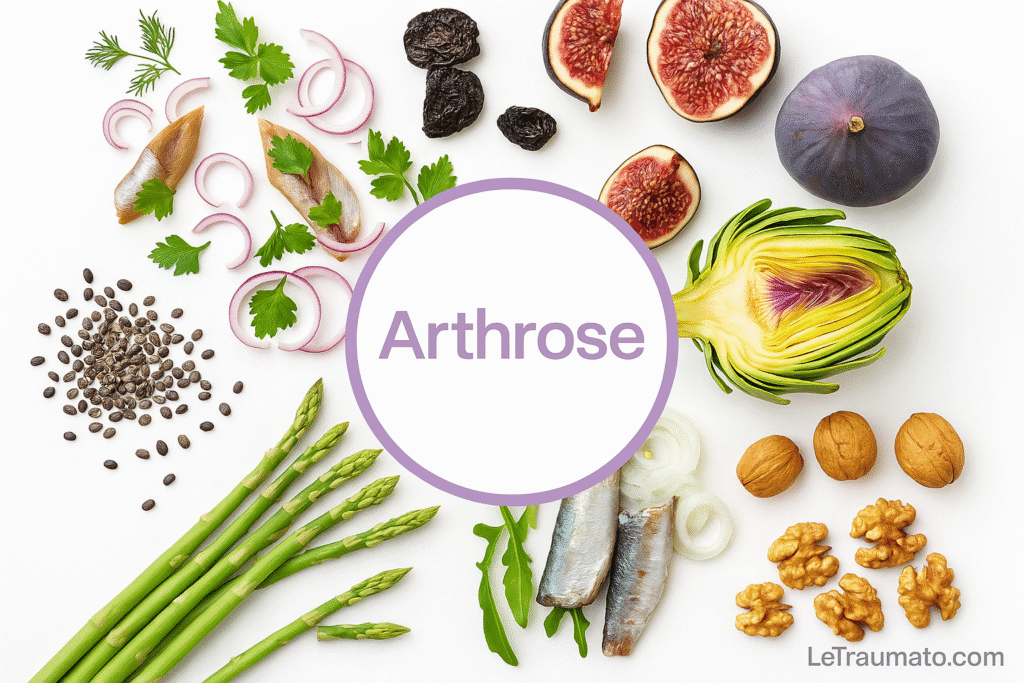 Composition d’aliments bénéfiques contre l’arthrose sur fond blanc : sardines, asperges vertes, figues fraîches et séchées, artichaut, noix, graines de chia, oignons rouges et pruneaux. Le mot « Arthrose » apparaît au centre dans un cercle violet. Image lumineuse et équilibrée, illustrant une alimentation protectrice des articulations.