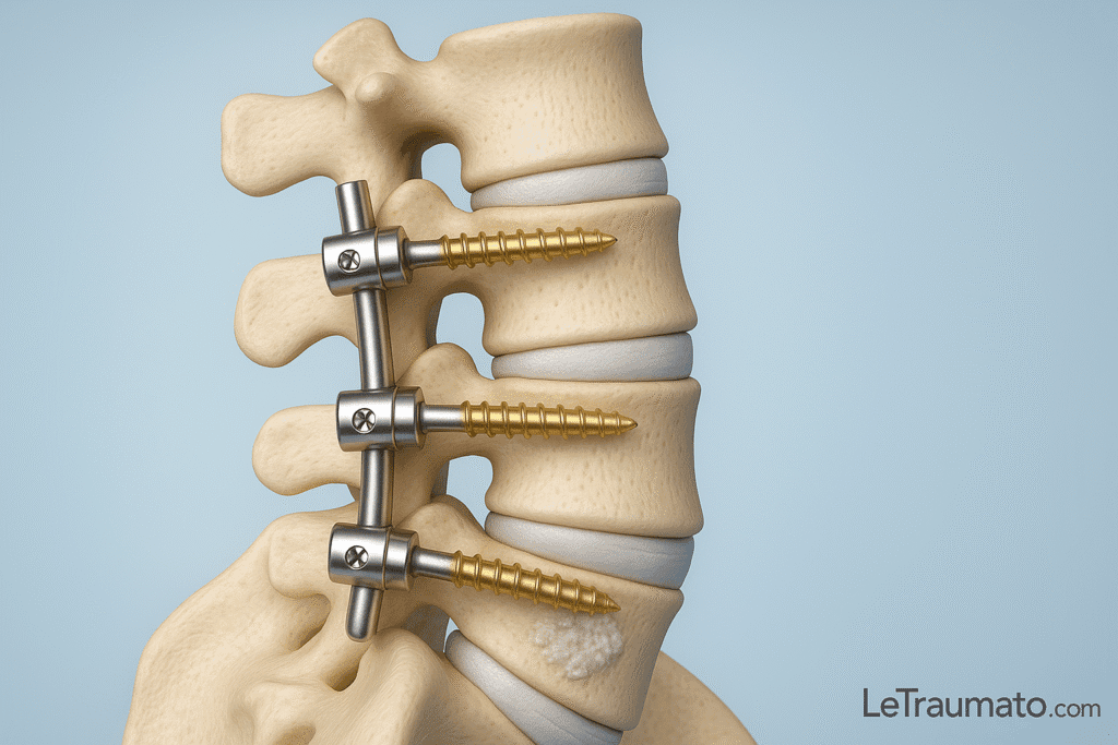 Illustration médicale en 3D montrant une arthrodèse lombaire postérieure avec trois vertèbres fixées par des vis pédiculaires et des tiges métalliques parallèles. Cette image didactique met en évidence la stabilisation chirurgicale du rachis lombaire après une pathologie dégénérative ou traumatique. Conçue pour un usage éducatif sur LeTraumato.com.