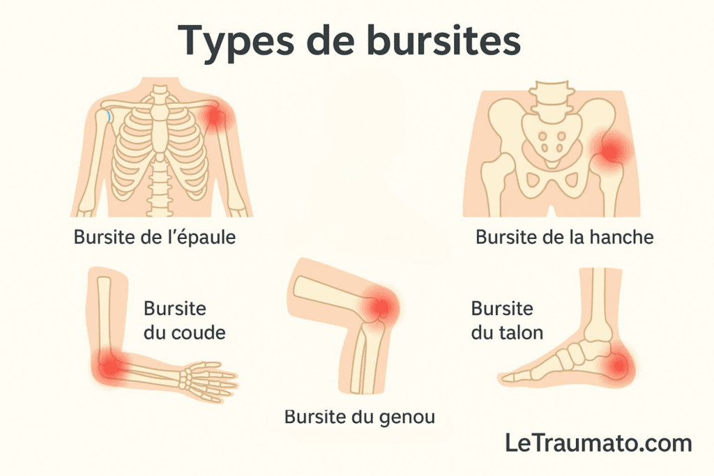 Illustration médicale montrant les principaux types de bursites : épaule, coude, genou, hanche et talon, avec zones inflammées en rouge. Schéma explicatif LeTraumato.com.
