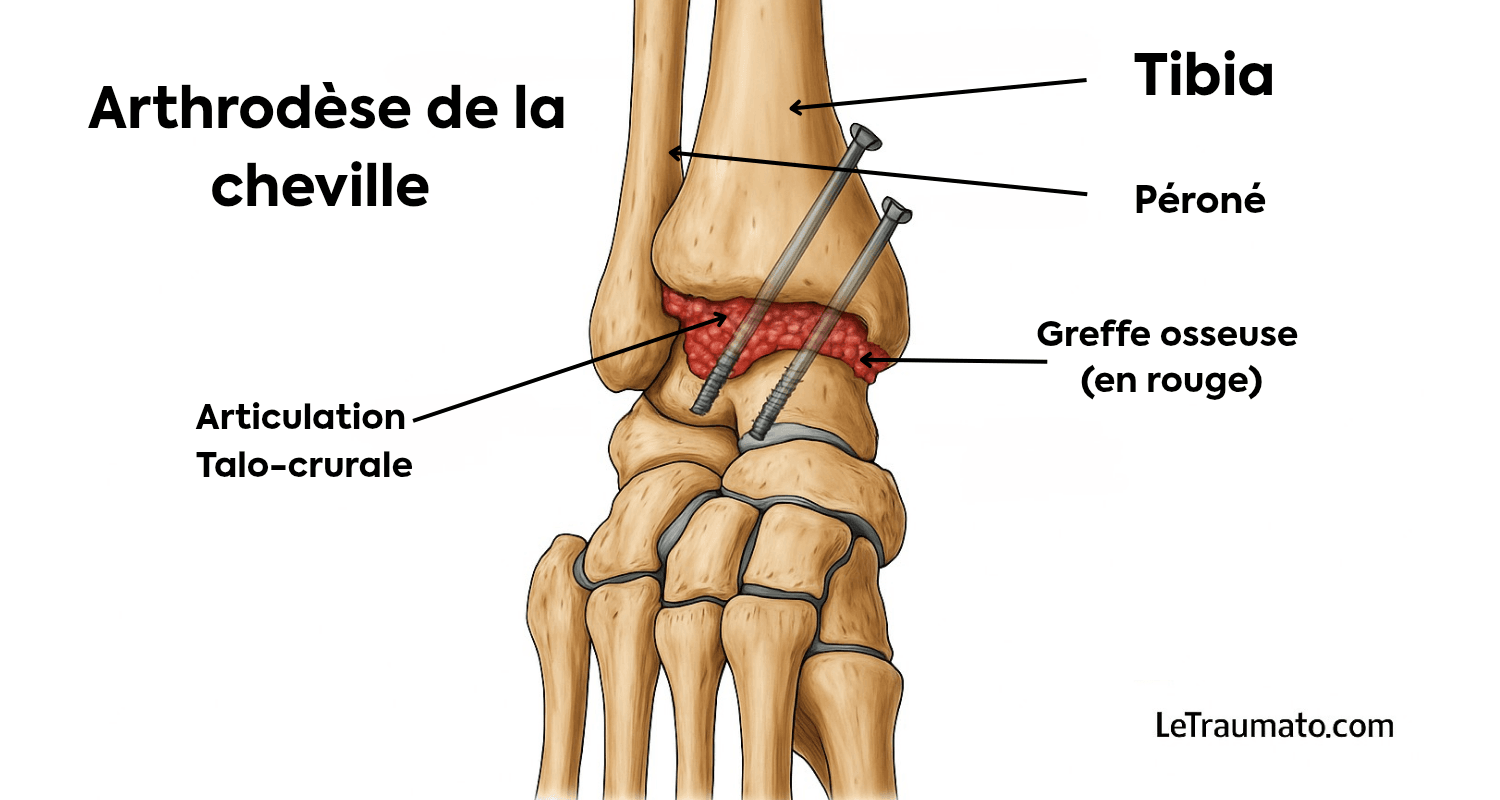 Illustration médicale de l’arthrodèse de la cheville montrant la fusion entre le tibia et le talus à l’aide de deux vis chirurgicales, avec visualisation de l’articulation sous-talienne et talo-naviculaire sur fond blanc – LeTraumato.com