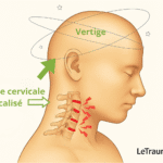 Illustration médicale montrant l’arthrose cervicale localisée avec irritation des vertèbres et vertiges associés, schéma anatomique clair signé LeTraumato.com.
