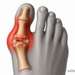 Image anatomique en 3D représentant l’arthrose du gros orteil, également appelée hallux rigidus. L’illustration montre clairement l’inflammation rouge de l’articulation métatarso-phalangienne, l’usure du cartilage et la déformation osseuse, signes typiques de cette arthrose douloureuse. Outil visuel pédagogique signé LeTraumato.com.