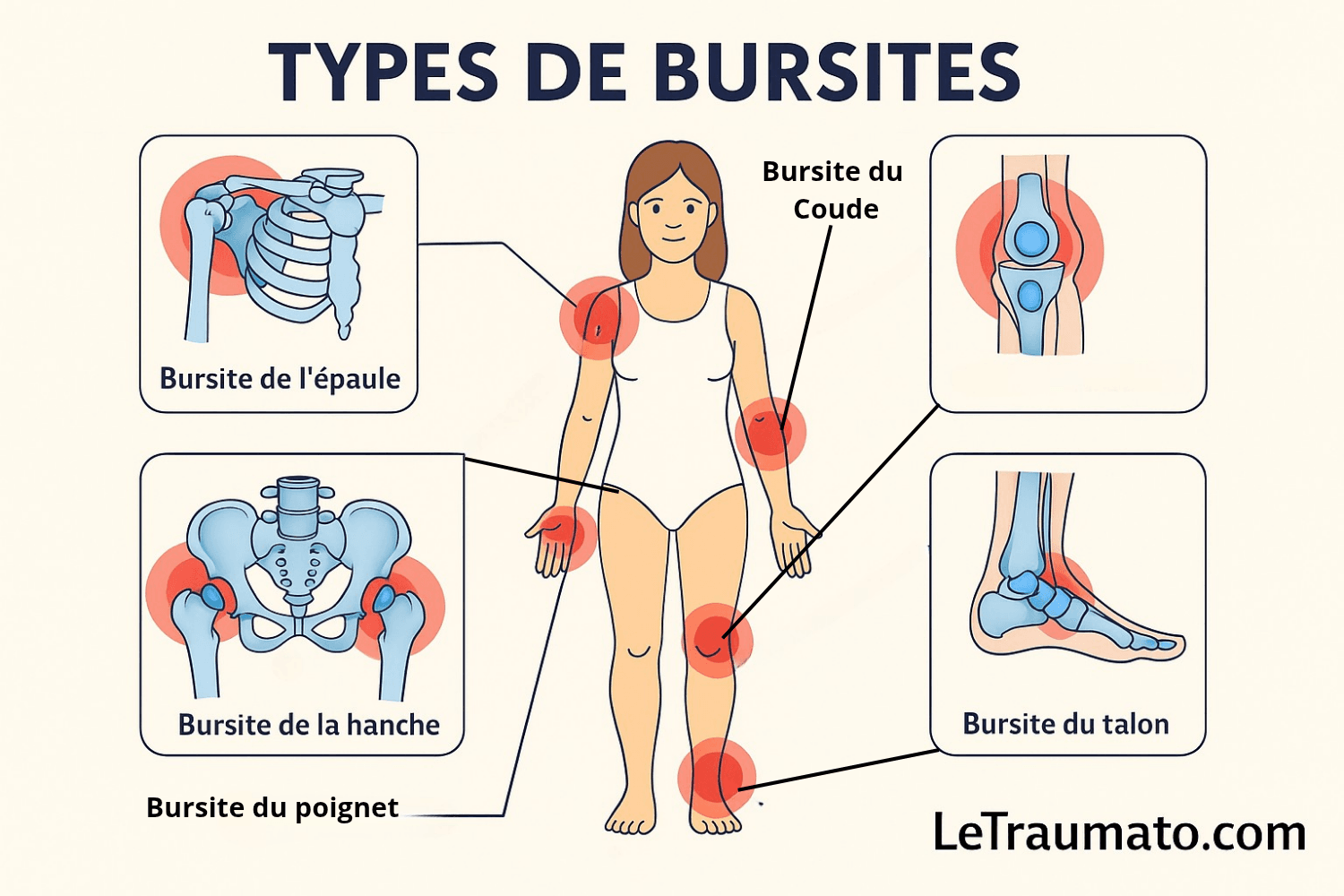 Illustration médicale montrant les différents types de bursites : épaule, coude, poignet, hanche, genou et talon, avec zones inflammatoires en rouge. Schéma pédagogique LeTraumato.com.