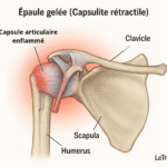 Illustration médicale de l’épaule gelée (capsulite rétractile) montrant la capsule articulaire enflammée, colorée en rouge autour de la tête de l’humérus. Les structures principales — humérus, scapula (omoplate) et clavicule — sont identifiées et étiquetées en français. Image éducative et claire signée LeTraumato.com.