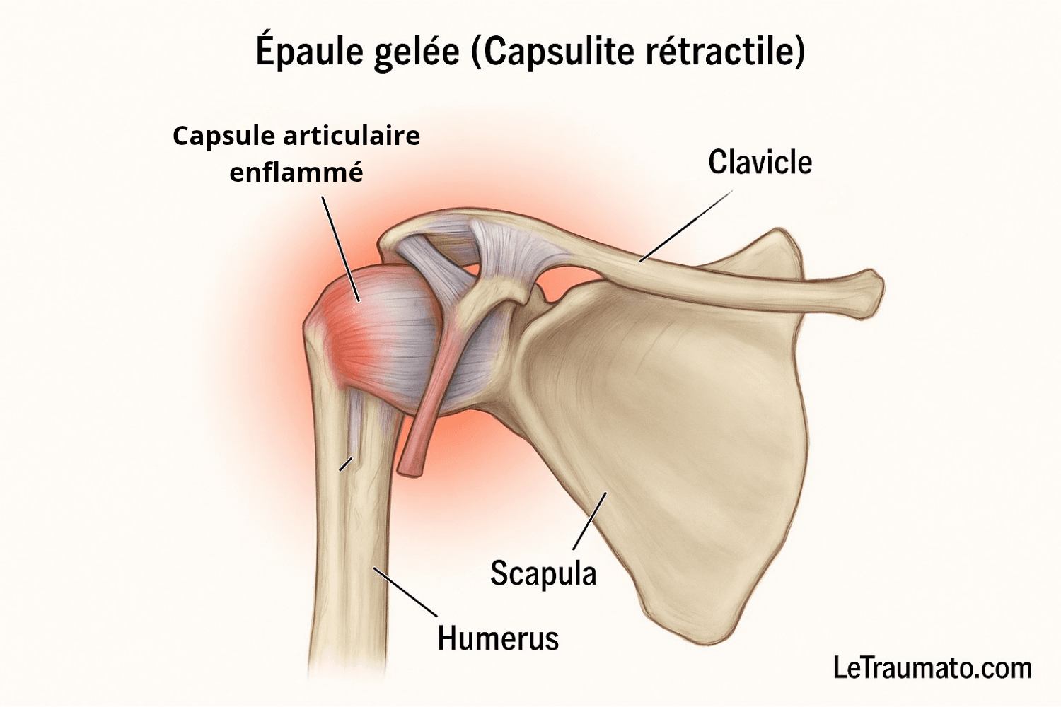 Illustration médicale de l’épaule gelée (capsulite rétractile) montrant la capsule articulaire enflammée, colorée en rouge autour de la tête de l’humérus. Les structures principales — humérus, scapula (omoplate) et clavicule — sont identifiées et étiquetées en français. Image éducative et claire signée LeTraumato.com.