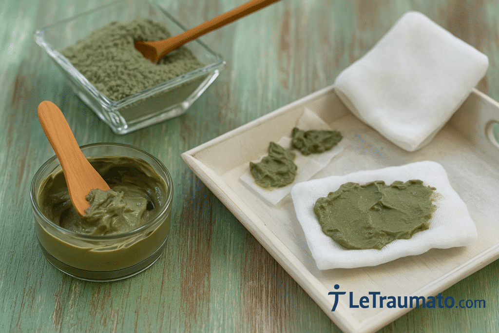 Préparation d’un cataplasme d’argile verte sur une table en bois vert, avec un bol en verre, une spatule en bois et une compresse de gaze enduite d’argile. L’image illustre l’utilisation thérapeutique de l’argile verte pour soulager les douleurs et l’inflammation liées à l’arthrose. Logo LeTraumato.com visible en bas de l’image.