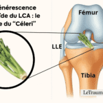 Illustration médicale du genou montrant la dégénérescence mucoïde du ligament croisé antérieur (LCA) avec le “signe du céleri”, où le ligament présente un aspect épaissi et fibreux rappelant une tige de céleri. L’image inclut un schéma anatomique du genou (fémur, tibia, LLI, LLE) et une mise en évidence humoristique et pédagogique du ligament atteint