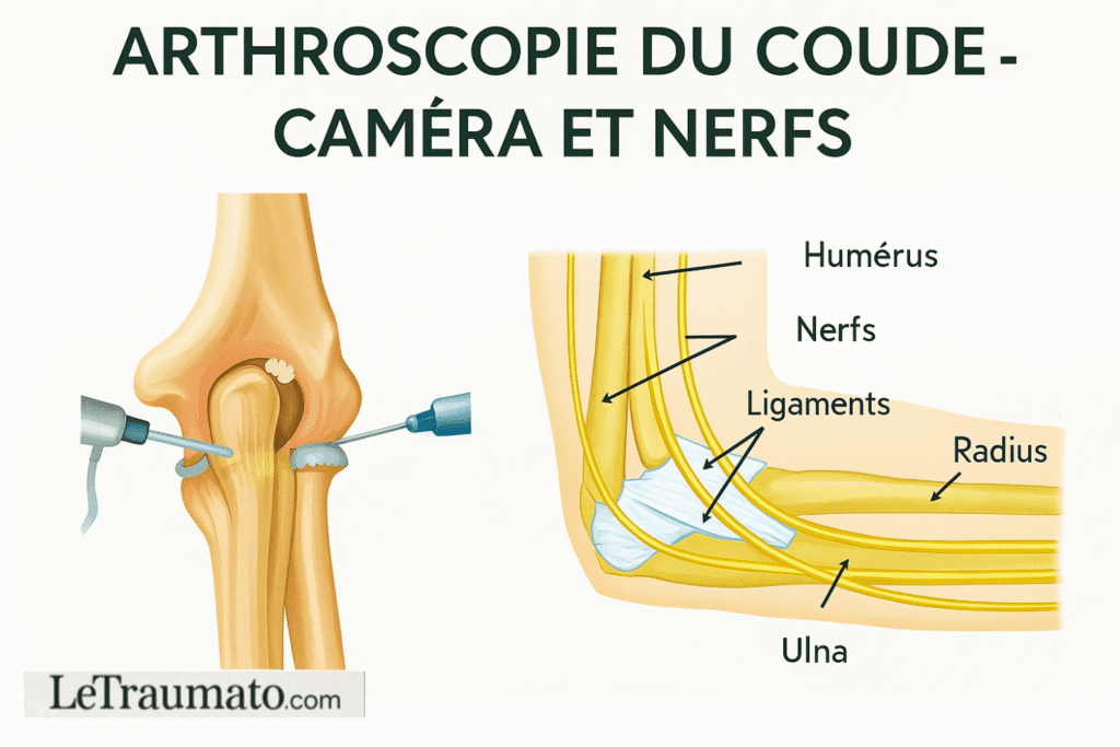 Illustration médicale représentant une arthroscopie du coude avec visualisation de la caméra, des instruments chirurgicaux et des structures anatomiques. Les nerfs, les ligaments, l’humérus, le radius et l’ulna sont clairement identifiés afin de démontrer la proximité anatomique et les risques potentiels pendant la chirurgie arthroscopique du coude. Image informative destinée à l’éducation des patients et professionnels de santé.