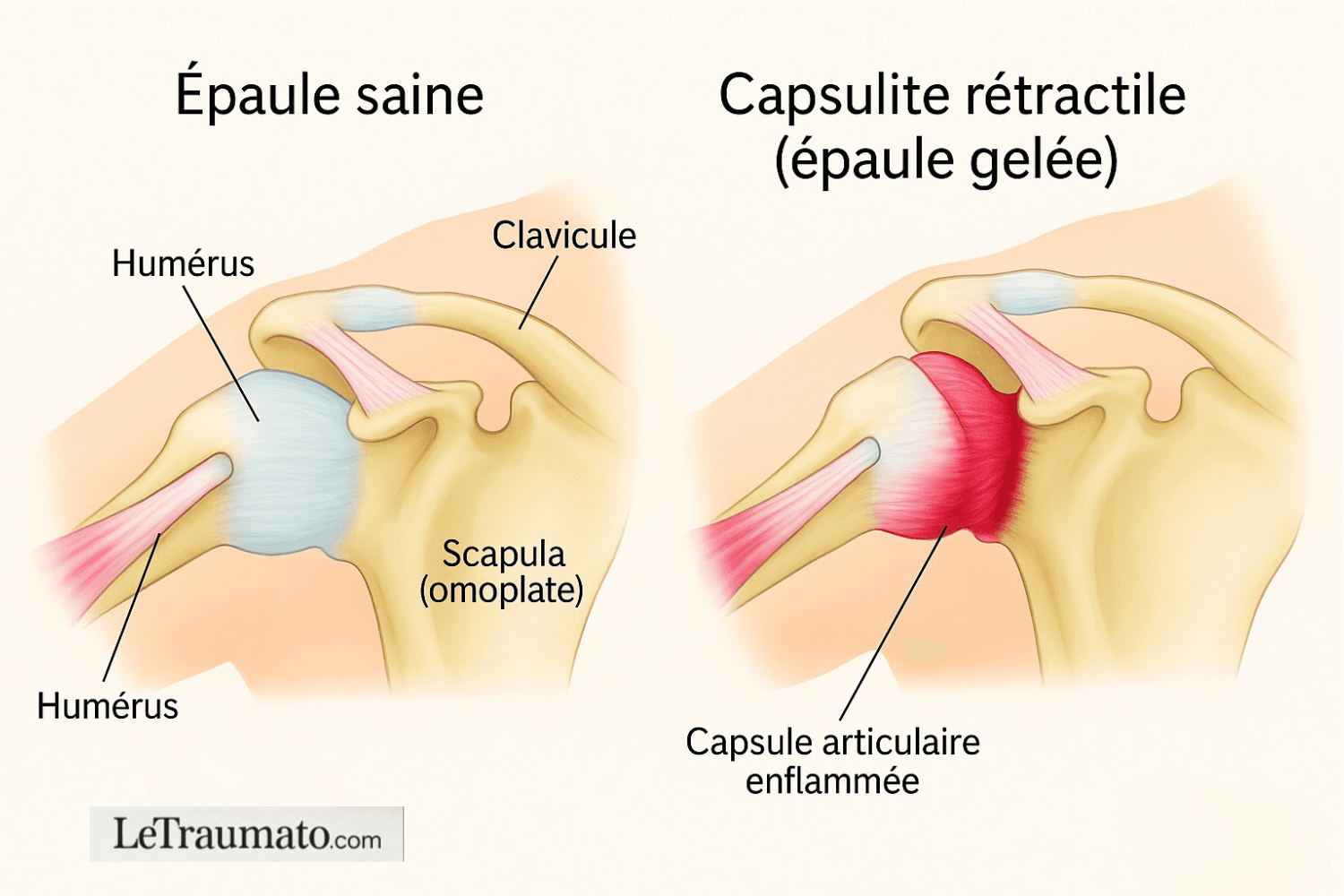 Illustration médicale comparant une épaule saine et une épaule atteinte de capsulite rétractile, aussi appelée épaule gelée. L’image montre à gauche une articulation normale avec la capsule intacte et à droite une capsule articulaire enflammée et épaissie, symbolisée en rouge. Schéma explicatif clair, annoté en français et signé LeTraumato.com.