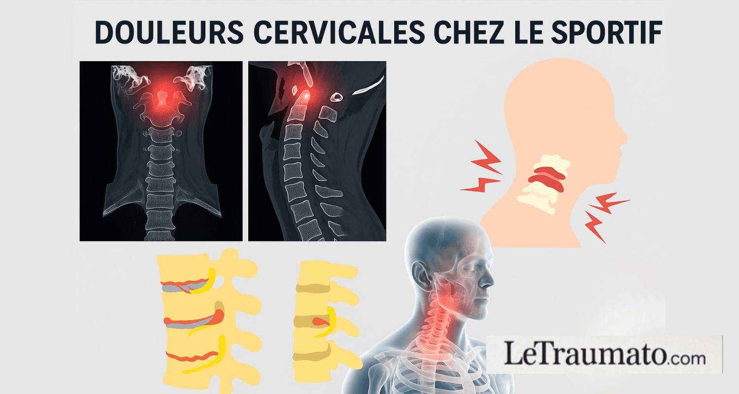 Illustration médicale montrant la colonne cervicale en vue radiologique et schématique, avec zones rouges d’inflammation et signes de compression nerveuse au niveau des vertèbres cervicales, représentant les douleurs cervicales chez le sportif liées au surmenage, à la mauvaise posture ou au traumatisme.