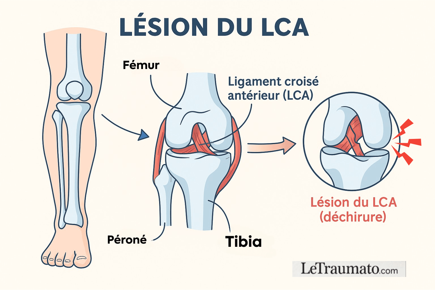 Illustration médicale montrant une lésion du ligament croisé antérieur (LCA) avec zoom sur la déchirure, schéma pédagogique anatomique signé LeTraumato.com.