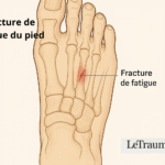 Illustration médicale montrant une fracture de fatigue du métatarsien du pied, avec zone inflammatoire rouge autour de la fissure osseuse. Schéma anatomique clair LeTraumato.com.