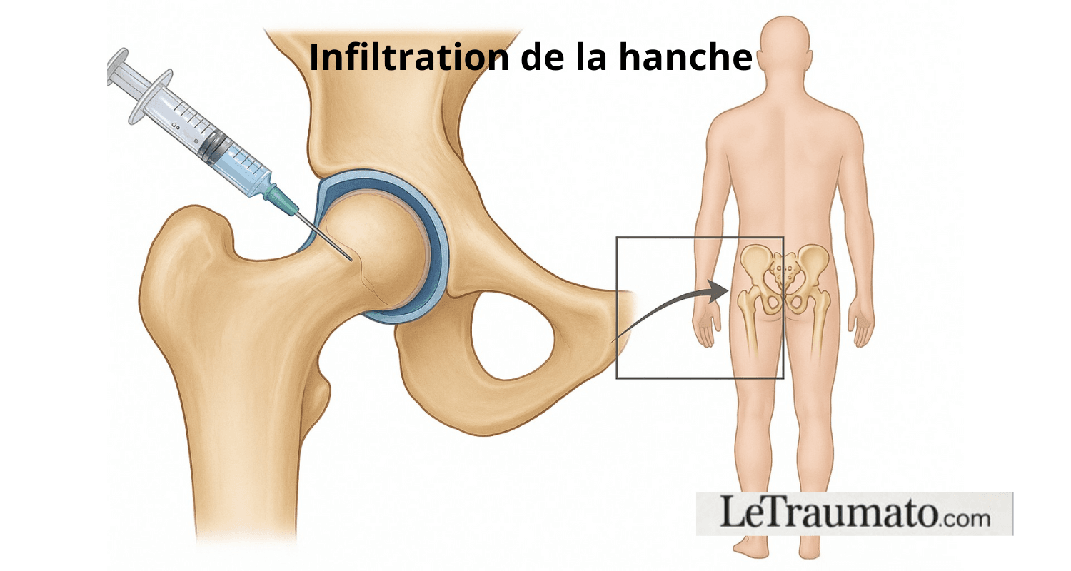 Illustration médicale de l’articulation de la hanche montrant la tête fémorale dans le cotyle, la capsule et la membrane synoviale, avec une seringue réalisant une infiltration intra-articulaire, et un repère sur le bassin dans une silhouette vue de dos.