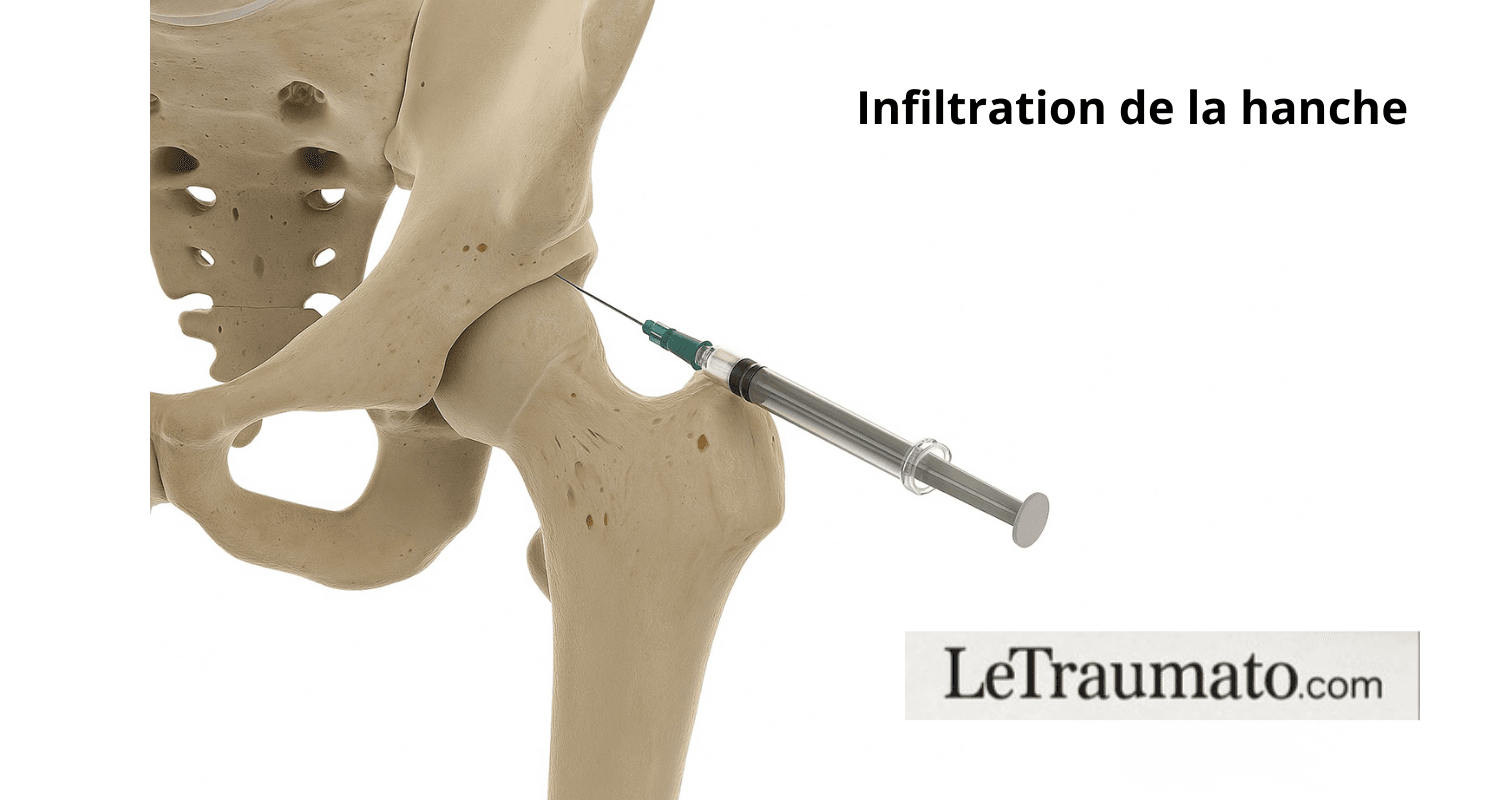 Illustration médicale 3D de l’articulation de la hanche montrant la tête fémorale dans l’acétabulum, avec une aiguille de seringue insérée dans l’espace articulaire pour une infiltration intra-articulaire, sur fond blanc.