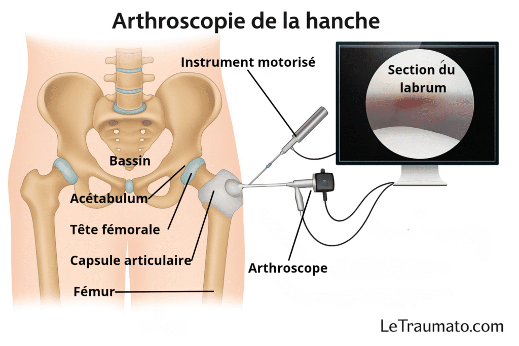 Schéma médical d’une arthroscopie de la hanche montrant l’introduction d’un arthroscope et d’un instrument motorisé dans l’articulation pour visualiser et traiter le labrum et la tête fémorale. L’écran affiche l’acétabulum, la section du labrum et la tête fémorale. Illustration pédagogique pour expliquer la chirurgie mini-invasive de la hanche. Ressource orthopédique LeTraumato.com.