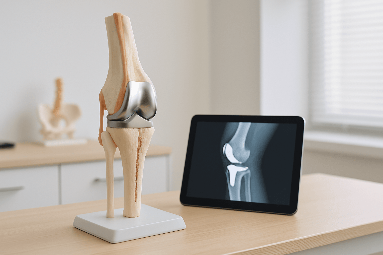 Modèle anatomique de genou avec prothèse totale et radiographie affichée sur tablette dans un cabinet médical.