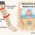 Illustration médicale montrant le mécanisme de rupture du ligament croisé antérieur (LCA) avec genou en valgus, rotation médiale du fémur, rotation latérale du tibia et rupture complète du LCA, schéma explicatif LeTraumato.com.