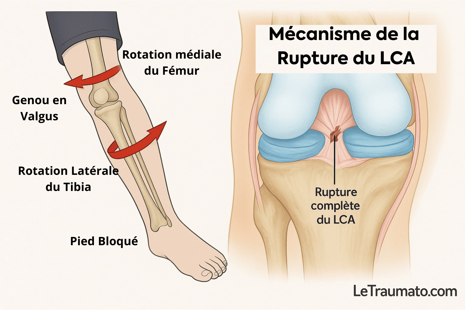 Illustration médicale montrant le mécanisme de rupture du ligament croisé antérieur (LCA) avec genou en valgus, rotation médiale du fémur, rotation latérale du tibia et rupture complète du LCA, schéma explicatif LeTraumato.com.