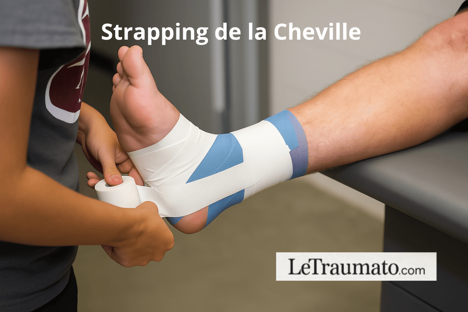 Strapping de cheville réalisé par un professionnel de santé, avec bande adhésive blanche en technique en huit pour stabilisation après entorse et soutien des ligaments latéraux.