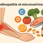Tendinopathie et micronutriments illustrés aliments riches en vitamines et schéma anatomique d’un tendon enflammé – Traumatologie