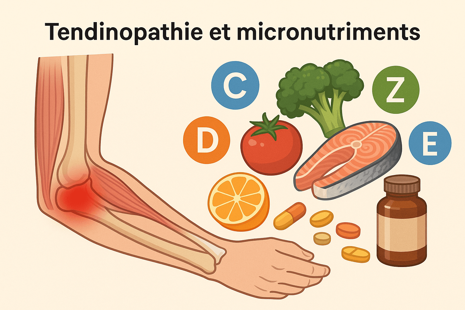 Tendinopathie et micronutriments illustrés aliments riches en vitamines et schéma anatomique d’un tendon enflammé – Traumatologie