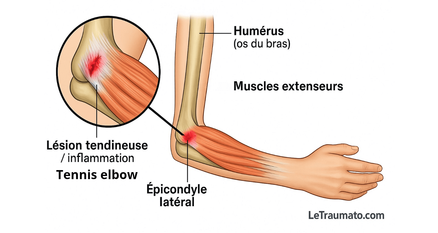 Illustration médicale en vue latérale du coude et de l’avant-bras montrant l’épicondyle latéral de l’humérus, l’insertion des muscles extenseurs et une zone rouge inflammatoire correspondant à une lésion tendineuse typique du tennis elbow avec un zoom sur les micro-déchirures du tendon