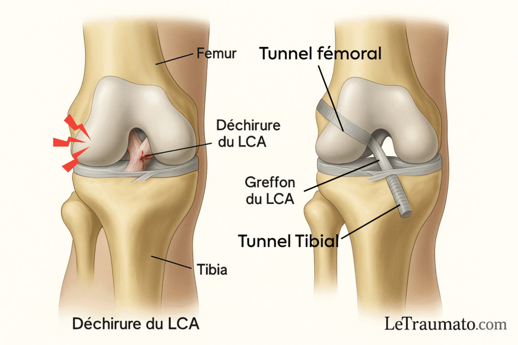 Illustration médicale montrant une déchirure du ligament croisé antérieur (LCA) et la reconstruction avec greffon, vue anatomique fémur-tibia. Image LeTraumato.com.