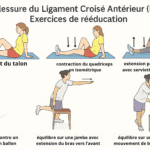 Infographie médicale montrant six exercices de rééducation du ligament croisé antérieur (LCA). L’image inclut : glissement du talon, contraction isométrique du quadriceps, extension passive du genou avec serviette, demi-squat contre un mur avec ballon, équilibre sur une jambe avec bras tendu vers l’avant, et équilibre avec mouvement diagonal du bras. Illustration simple et claire pour la récupération après LCA, signée LeTraumato.com.