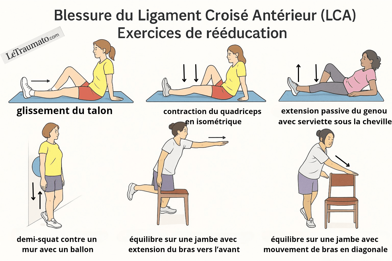 Infographie médicale montrant six exercices de rééducation du ligament croisé antérieur (LCA). L’image inclut : glissement du talon, contraction isométrique du quadriceps, extension passive du genou avec serviette, demi-squat contre un mur avec ballon, équilibre sur une jambe avec bras tendu vers l’avant, et équilibre avec mouvement diagonal du bras. Illustration simple et claire pour la récupération après LCA, signée LeTraumato.com.