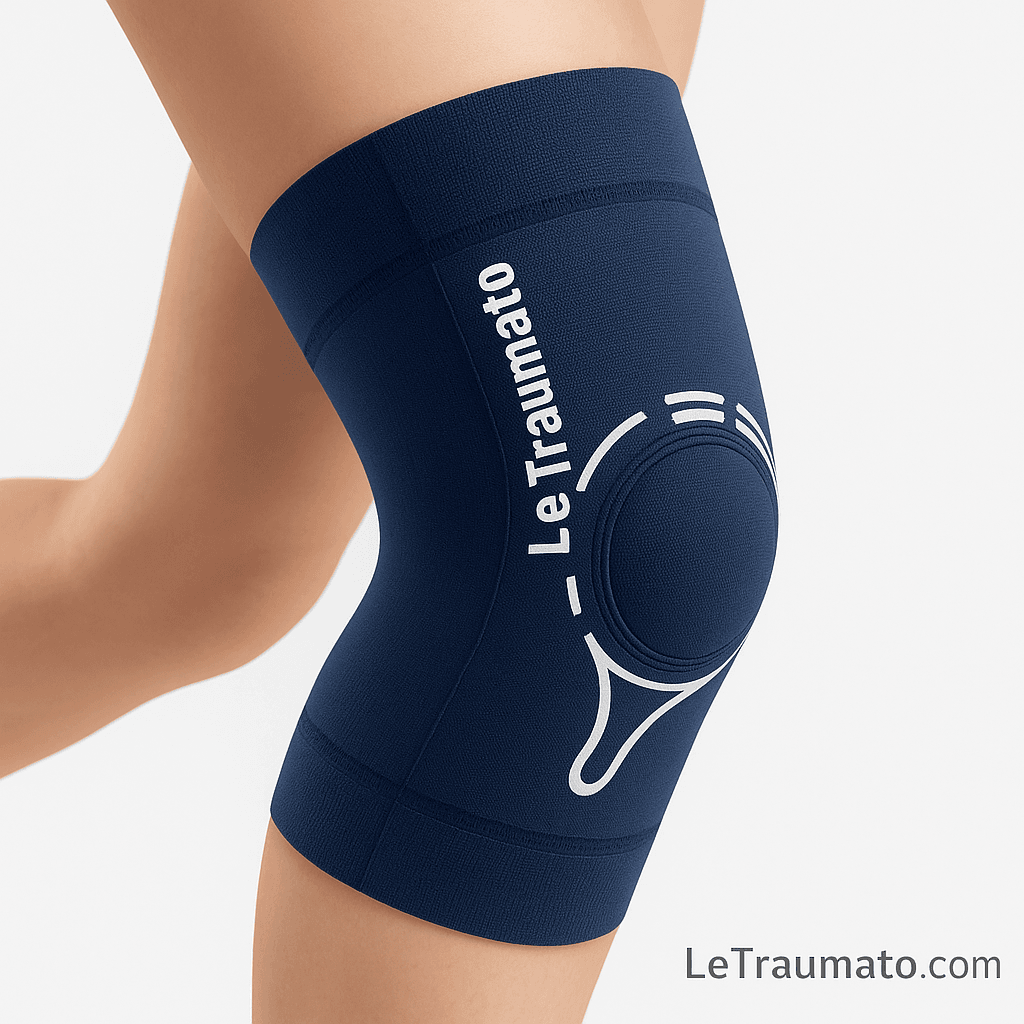 Illustration réaliste montrant la genouillère de compression LeTraumato portée sur le genou d’un patient. L’orthèse bleue foncée, dotée d’un renfort circulaire autour de la rotule, assure maintien, stabilité et confort lors des activités sportives ou de la rééducation. Fond neutre clair, image professionnelle signée LeTraumato.com.