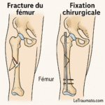 Illustration médicale comparant une fracture du fémur et sa réparation chirurgicale. À gauche, le fémur présente une fracture déplacée. À droite, le même os est stabilisé par un clou centromédullaire et des vis de fixation. Schéma clair et éducatif, étiqueté en français, conçu pour l’enseignement médical et signé LeTraumato.com.