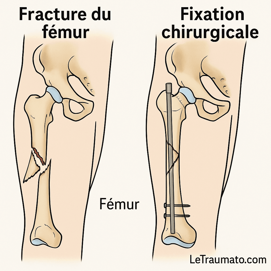 Illustration médicale comparant une fracture du fémur et sa réparation chirurgicale. À gauche, le fémur présente une fracture déplacée. À droite, le même os est stabilisé par un clou centromédullaire et des vis de fixation. Schéma clair et éducatif, étiqueté en français, conçu pour l’enseignement médical et signé LeTraumato.com.