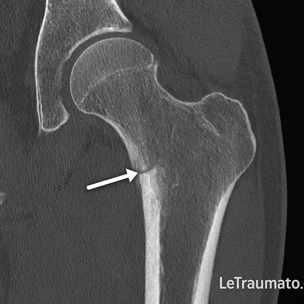 Scanner TDM en coupe coronale montrant une fracture de fatigue du col fémoral, visible sous forme d’une fine ligne de fracture avec condensation osseuse adjacente, image médicale réaliste signée LeTraumato.com.