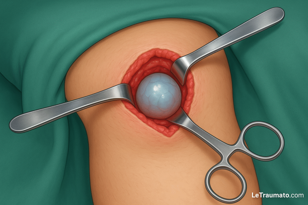 Illustration médicale représentant l’exérèse d’un kyste de Baker au niveau du creux poplité. L’image montre une incision cutanée contrôlée, des écarteurs chirurgicaux exposant la zone opératoire, et le kyste synovial visible avant ablation. Visuel éducatif non sanglant destiné à l'information médicale, signé LeTraumato.com.