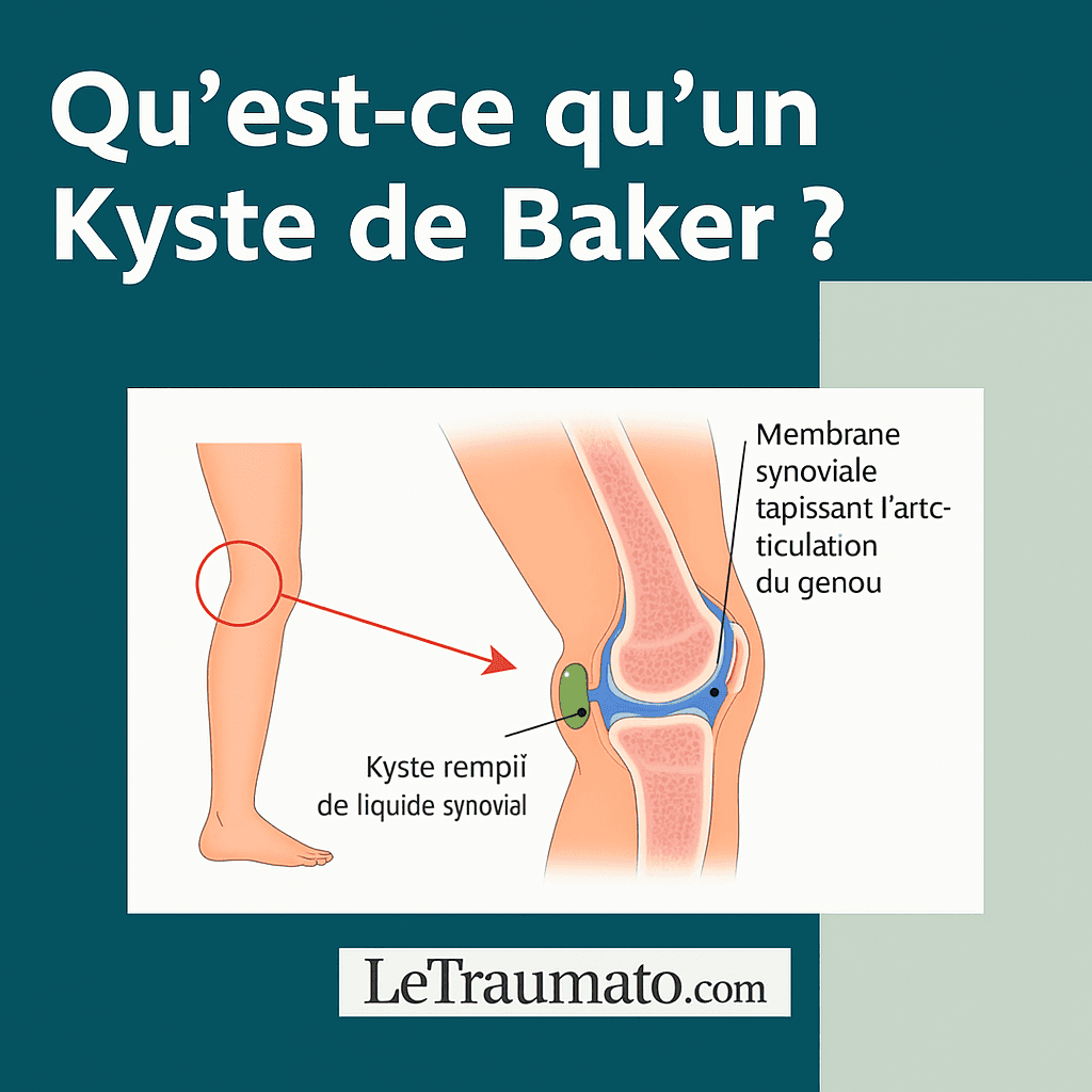Illustration médicale du kyste de Baker montrant son emplacement derrière le genou et son origine au niveau de la membrane synoviale. Le schéma explique la formation du kyste poplité rempli de liquide synovial, avec une vue anatomique du genou et une zone circulaire indiquant la localisation. Visuel éducatif orthopédique signé LeTraumato.com.