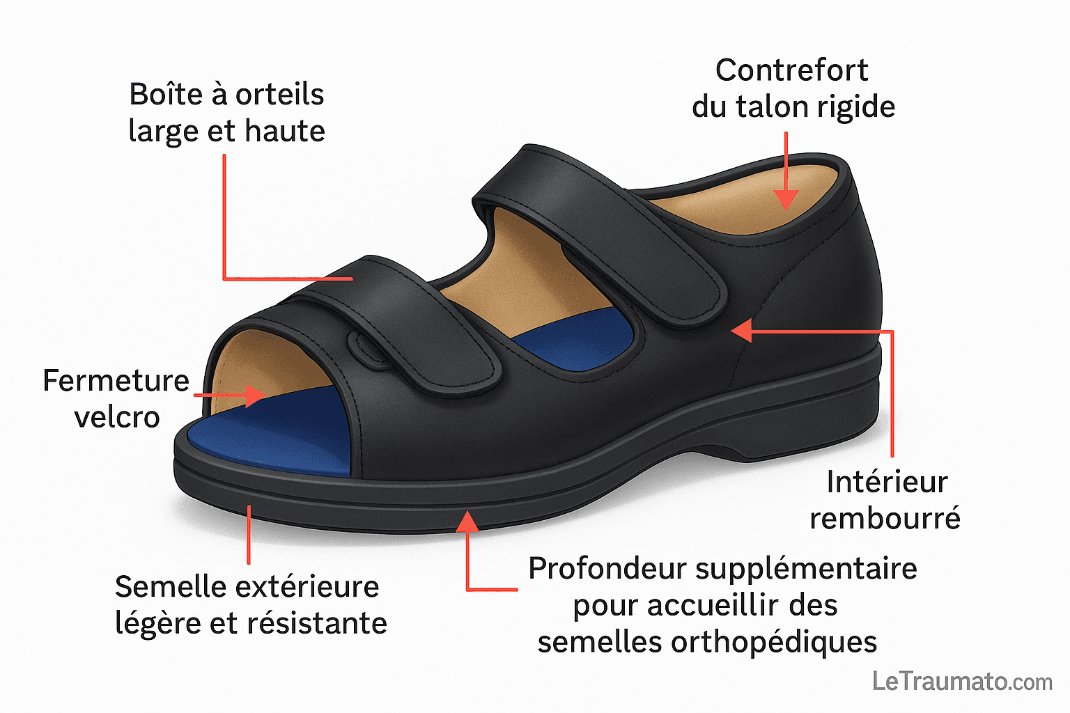 Illustration médicale d’une chaussure orthopédique vue de côté, avec brides velcro, boîte à orteils large et haute, contrefort du talon rigide, intérieur rembourré, semelle extérieure légère et résistante, et profondeur supplémentaire pour accueillir des semelles orthopédiques. Chaussure conçue pour les pieds sensibles, pied diabétique, arthrose, déformations des orteils et neuropathies.