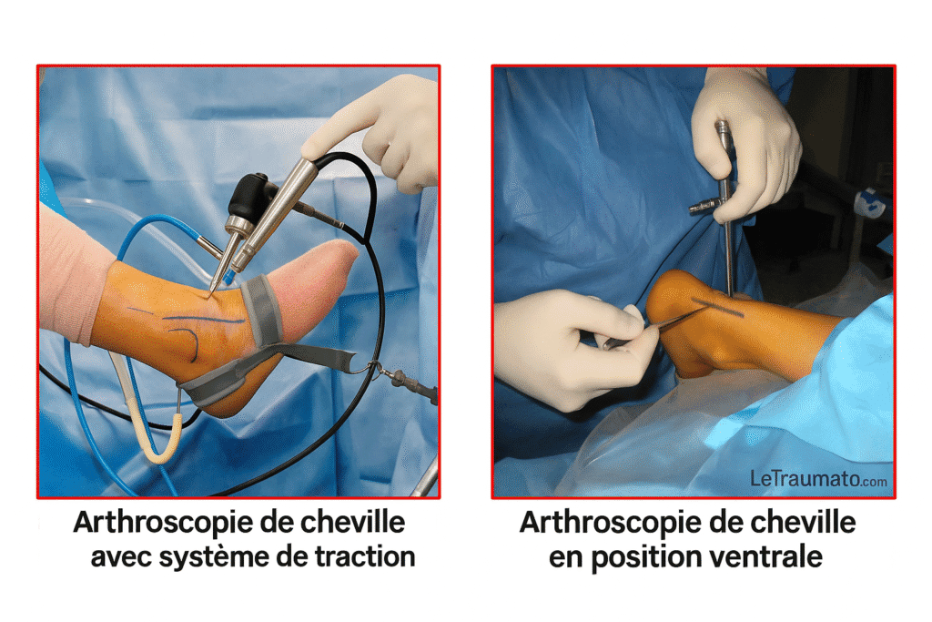 Arthroscopie de la cheville montrant deux techniques opératoires: utilisation d’un système de traction et approche postérieure en position ventrale, avec instruments chirurgicaux. Illustration LeTraumato.com.