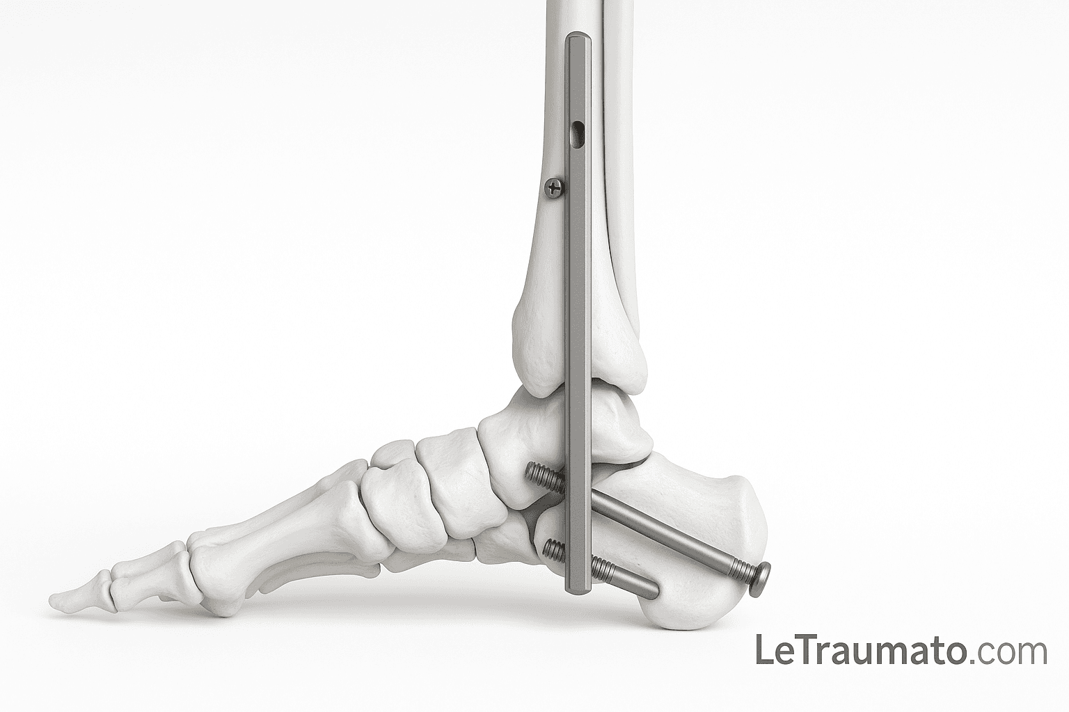 Illustration 3D d’une arthrodèse de la cheville par clou intramédullaire montrant la fusion entre le tibia et le talus avec vis de verrouillage, utilisée dans le traitement des arthroses sévères et des déformations instables – LeTraumato.com