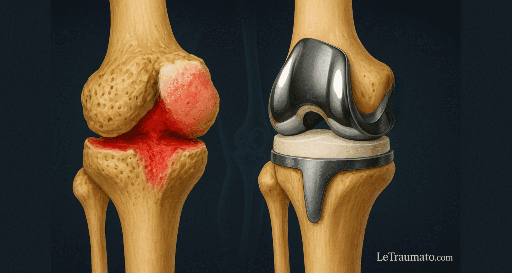 Illustration médicale montrant la comparaison entre un genou atteint d’arthrose sévère avec usure du cartilage et inflammation, et un genou reconstruit par une prothèse totale du genou (PTG) comprenant les implants fémoral, tibial et l’insert en polyéthylène. Image éducative destinée à expliquer l’intérêt de la chirurgie de remplacement articulaire.
