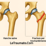 Illustration médicale comparant une hanche saine et une fracture de la région trochantérienne, réalisée pour LeTraumato.com.