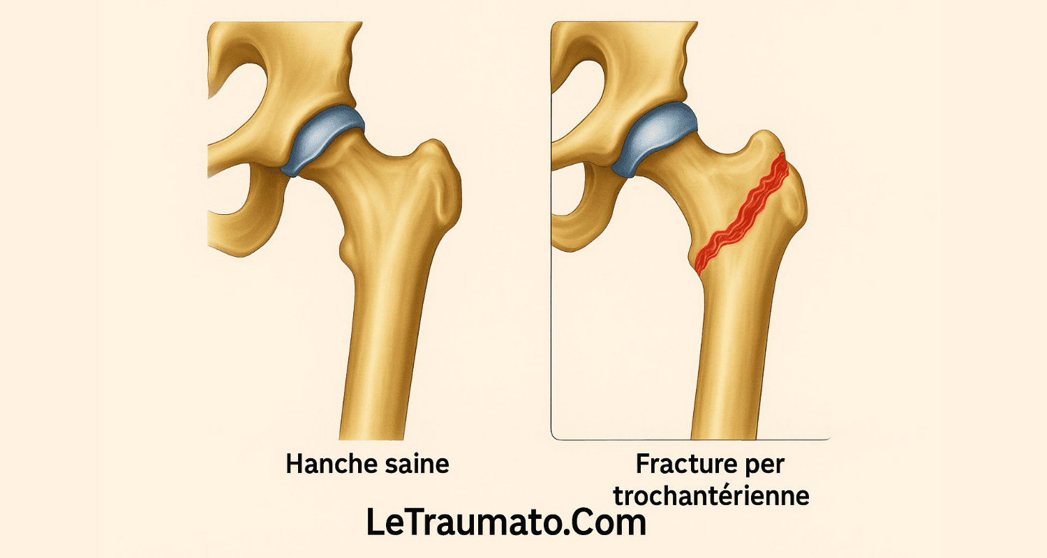 Illustration médicale comparant une hanche saine et une fracture de la région trochantérienne, réalisée pour LeTraumato.com.